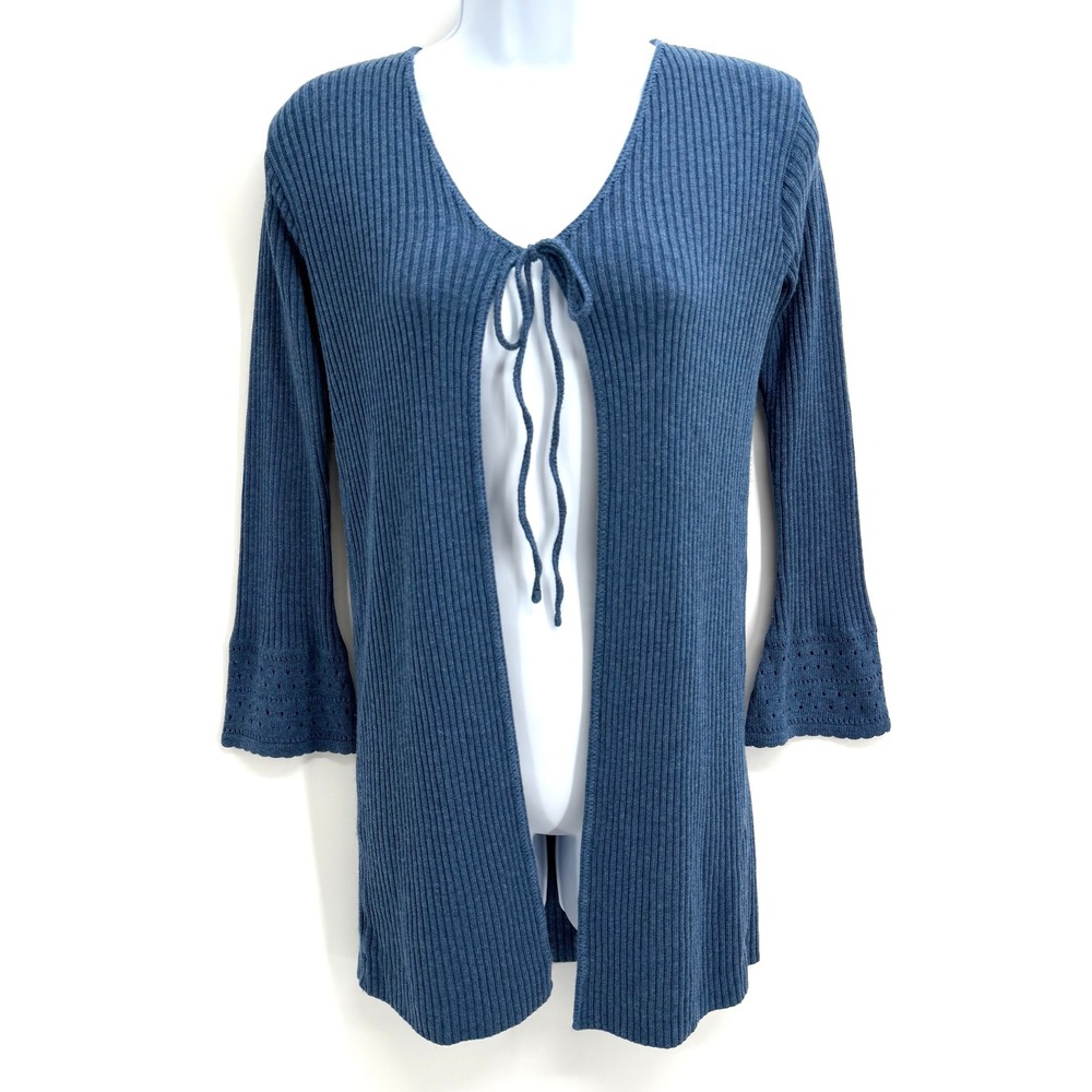 Vintage 90s Ribbed Tie Front Bell Sleeve Cardigan Size S Blue Sweater Soft Girl